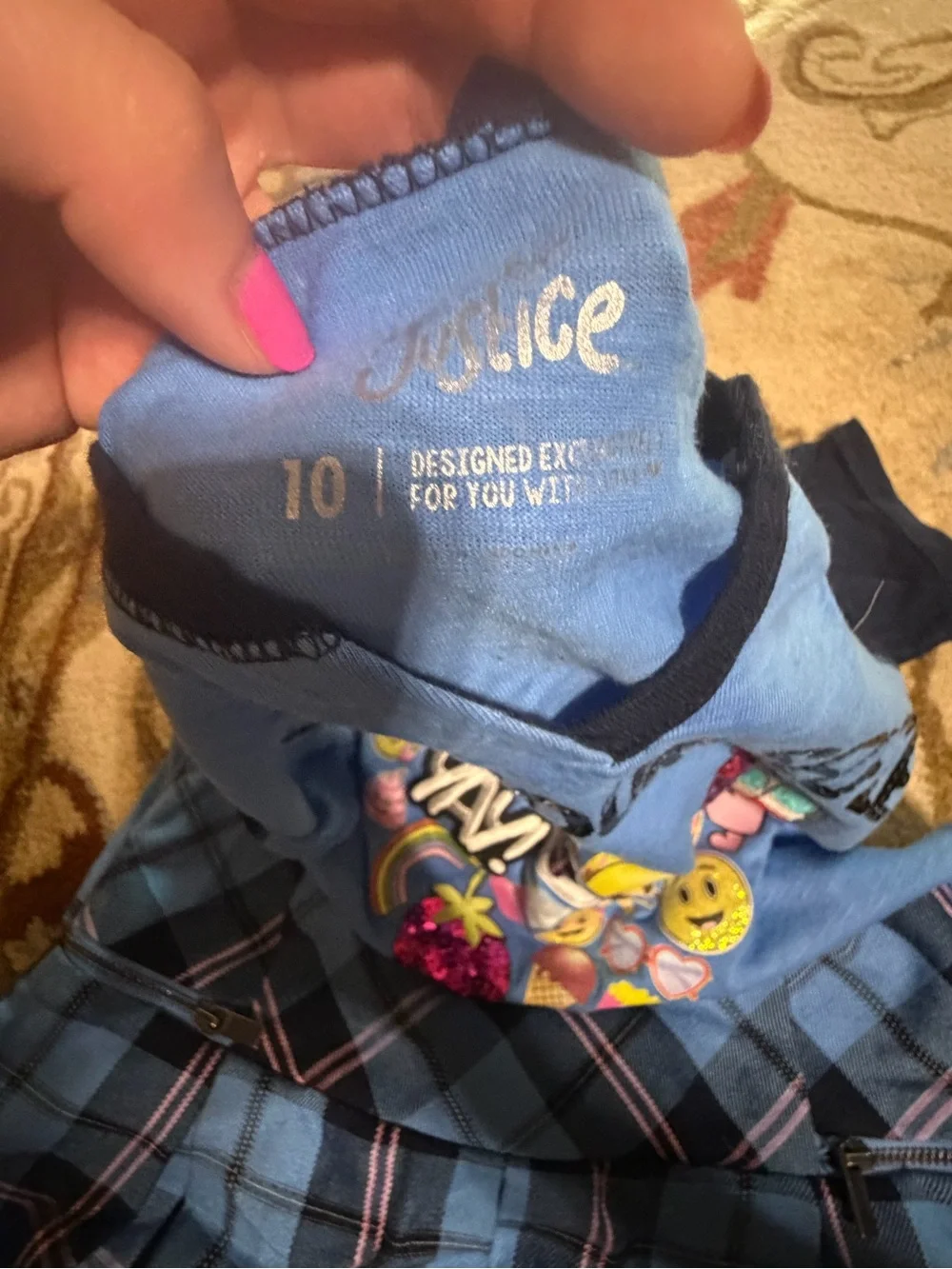 Justice for Kids Blue Graphic Top with Plaid Skirt- girls back to school outfit